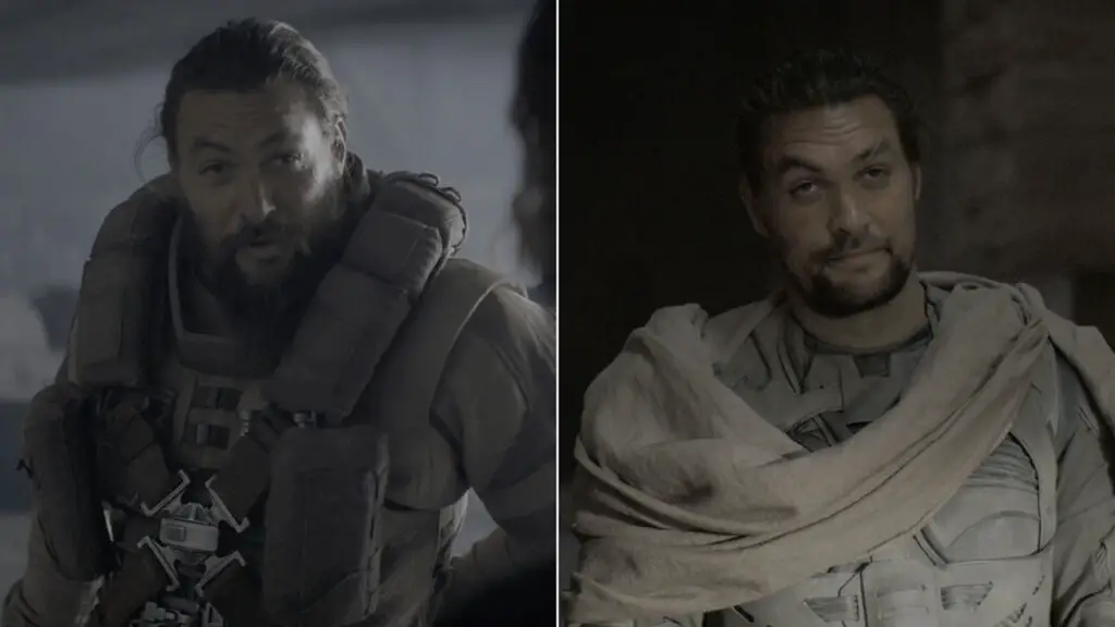 Jason Momoa as Duncan Idaho in 'Dune: Part One', on Caladan (left) and later on Arrakis (right).
