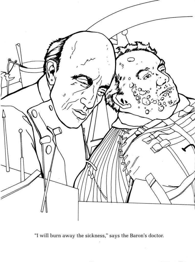 Page from the Dune Coloring book, featuring Baron Harkonnen and his doctor.