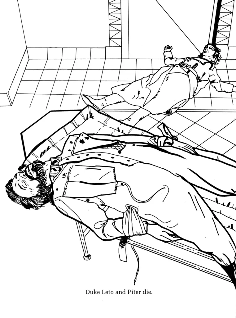 Page from the Dune Coloring book, featuring the death of Duke Leto Atreides and Piter de Vries.