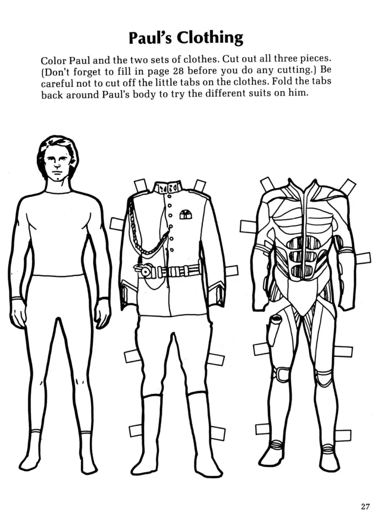 Paul's clothing cut-outs from a 'Dune' activity book, based on the 1984 'Dune' movie.