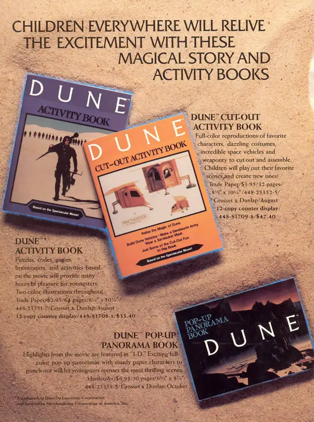 Page promoting story and activity books for David Lynch's 'Dune' (1984) movie.