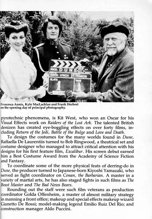 Page from Ed Naha's 'The Making of Dune' featuring a photo of Francesca Annis and Kyle McLachlan with Frank Herbert.