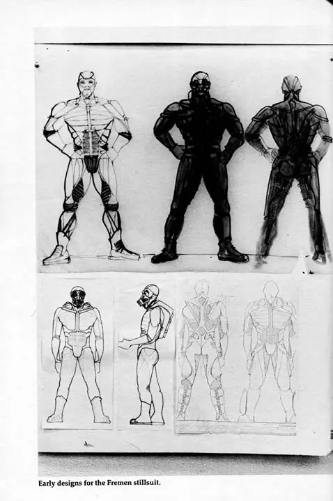 Page from Ed Naha's 'The Making of Dune' showing early designs for the Fremen stillsuit.