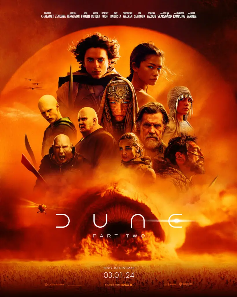 Movie poster for 'Dune: Part Two' showcasing the movie's stars: Timothée Chalamet, Zendaya, Austin Butler, Florence Pugh, Rebecca Ferguson, et al.