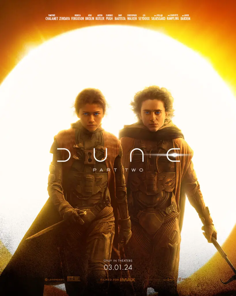 Main movie poster for 'Dune: Part Two', featuring Paul Atreides (Timothée Chalamet) and Chani (Zendaya).