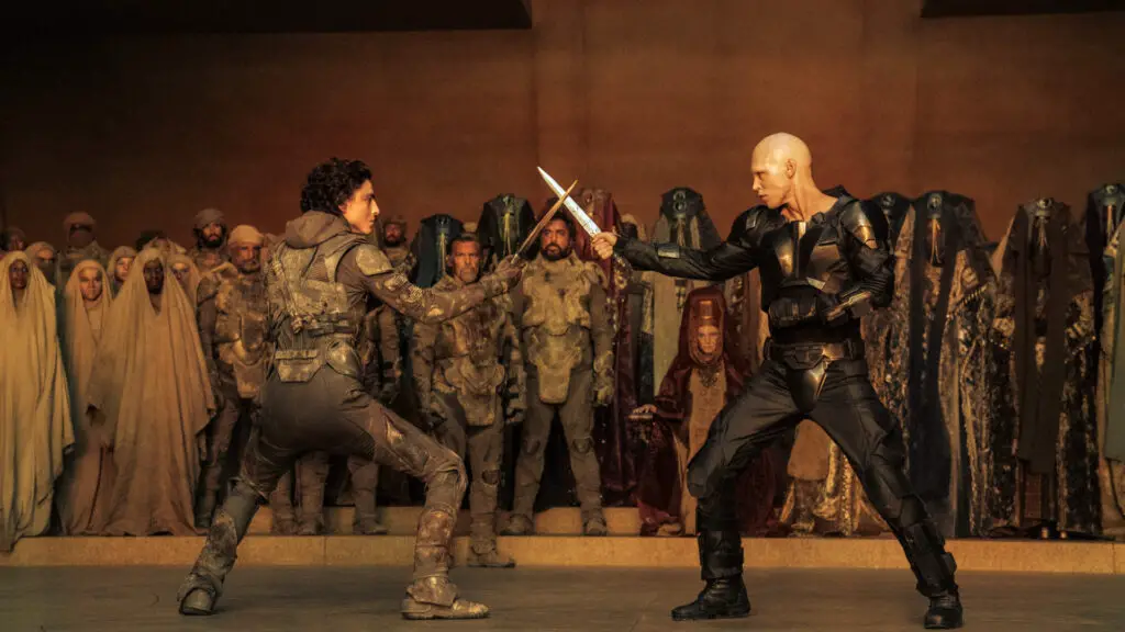 Paul (Timothée Chalamet) and Feyd-Rautha (Austin Butler) in the knife fight scene from the 'Dune: Part Two' movie.