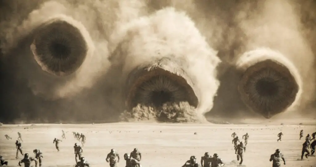 Three sandworms at the final battle, in Denis Villeneuve's 'Dune: Part Two' movie.