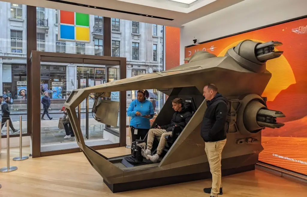 A life-size ornithopter cockpit on display in the Microsoft Store in London.