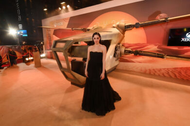 Souheila Yacoub at the 'Dune: Part Two' premiere in London, posing in from of an ornithopter.