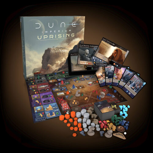 Components of Dire Wolf's 'Dune: Imperium - Uprising' board and card game.