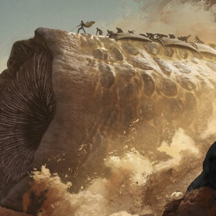 Key visual from the 'Dune: Imperium - Uprising' board game from Dire Wolf, featuring sandworm and riders.