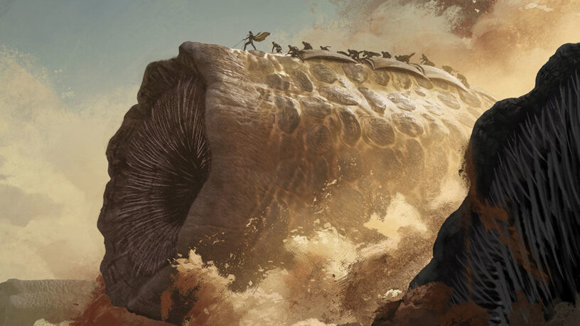 Key visual from the 'Dune: Imperium - Uprising' board game from Dire Wolf, featuring sandworm and riders.