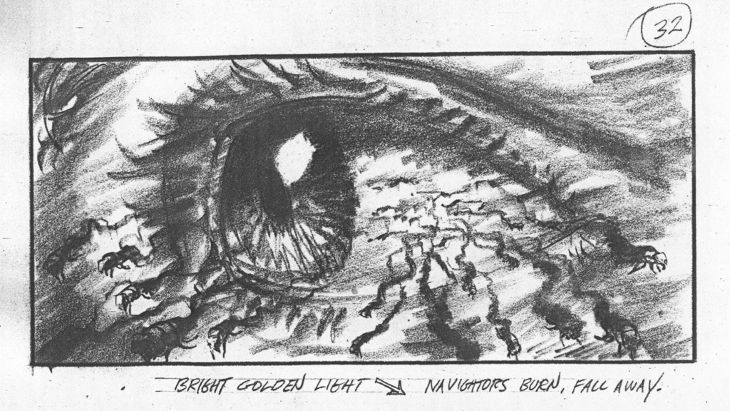 Storyboard from 'Dune' 1984, showing Paul's eye, with Spacing Guild Navigators burning and falling away, 