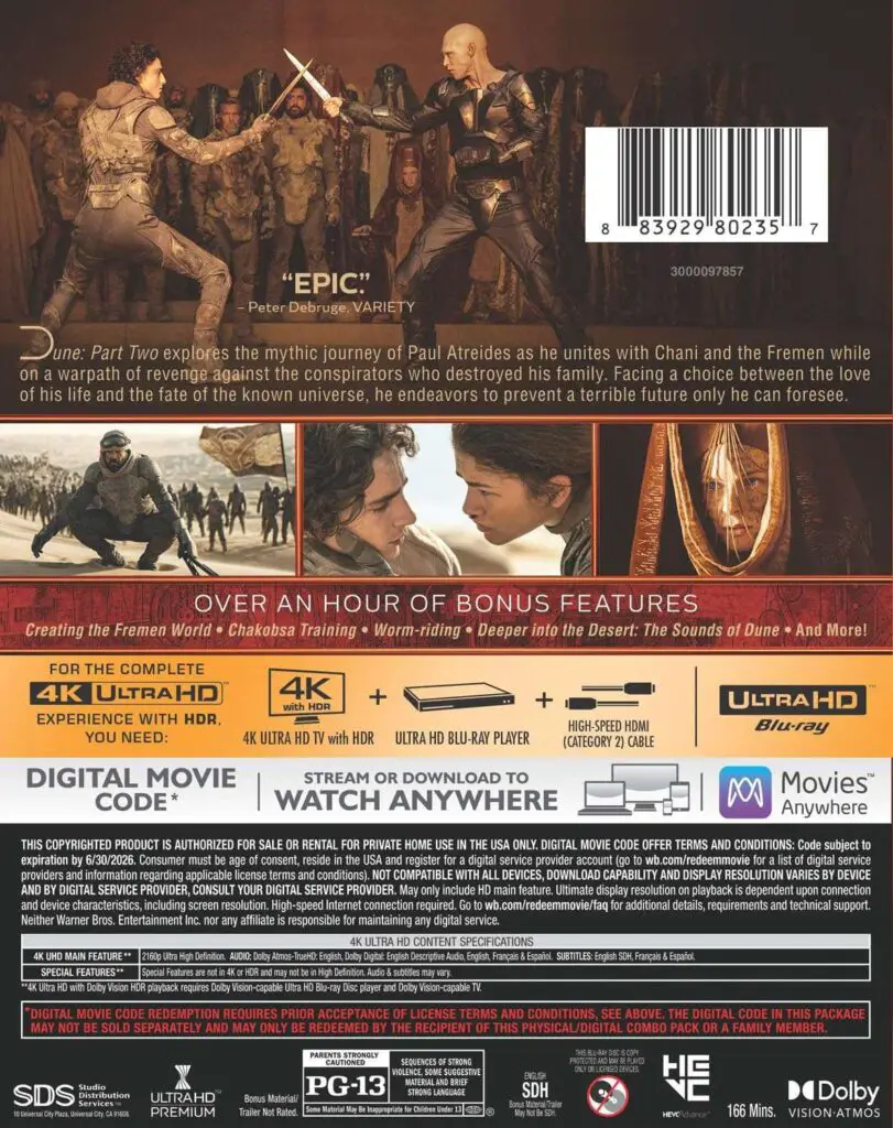 Back cover of the 'Dune: Part Two' 4K Ultra HD Blu-ray disc, including digital code, releasing on May 14, 2024.