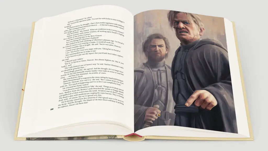 Artwork of Gurney Halleck and Namri, with angered expressions, in the 'Children of Dune' book (The Folio Society edition). Illustrated by Hilary Clarcq.