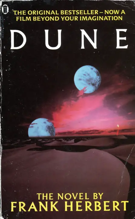 1984 paperback edition of Frank Herbert's 'Dune' book, with movie tie-in cover.