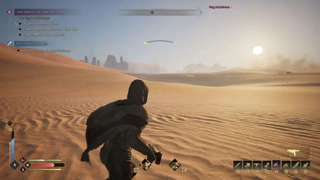 A player explores the open desert in 'Dune: Awakening', an open-world survival MMO game.