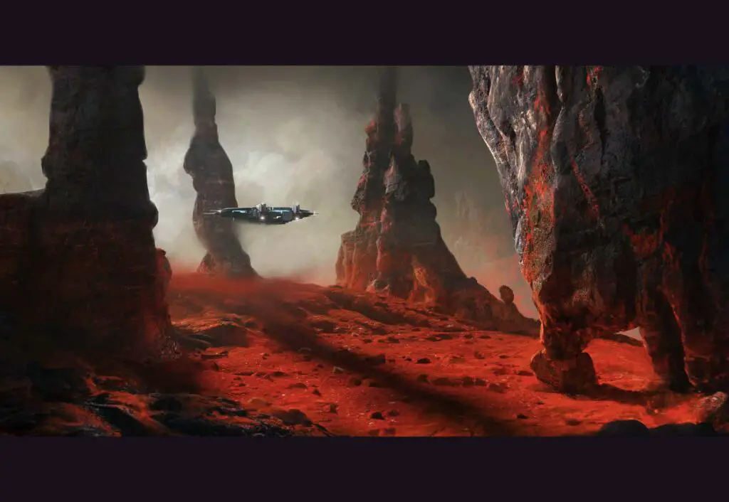 A ship flies low amidst rock outcroppings of the Arrakis desert, in Insight Editions 'The Art and Making of Dune: Awakening'.