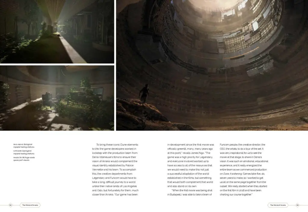 Visual design preview pages from 'The Art and Making of Dune: Awakening'.