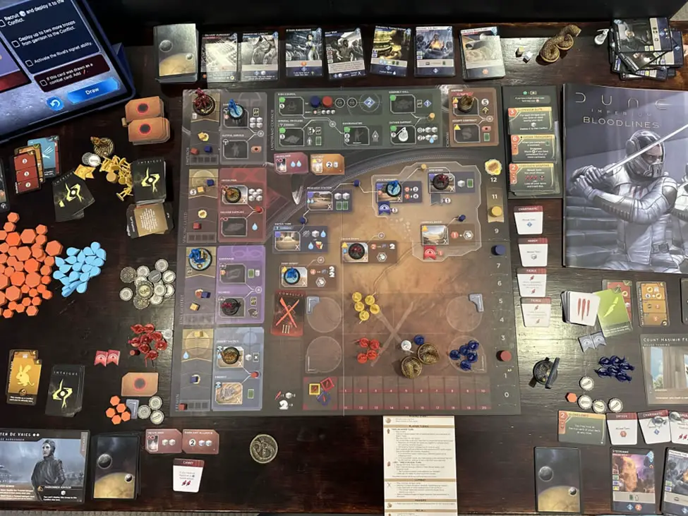 Conflict in-progress in a game of 'Dune: Imperium', featuring Sardauka from the 'Bloodlines' expansion. 