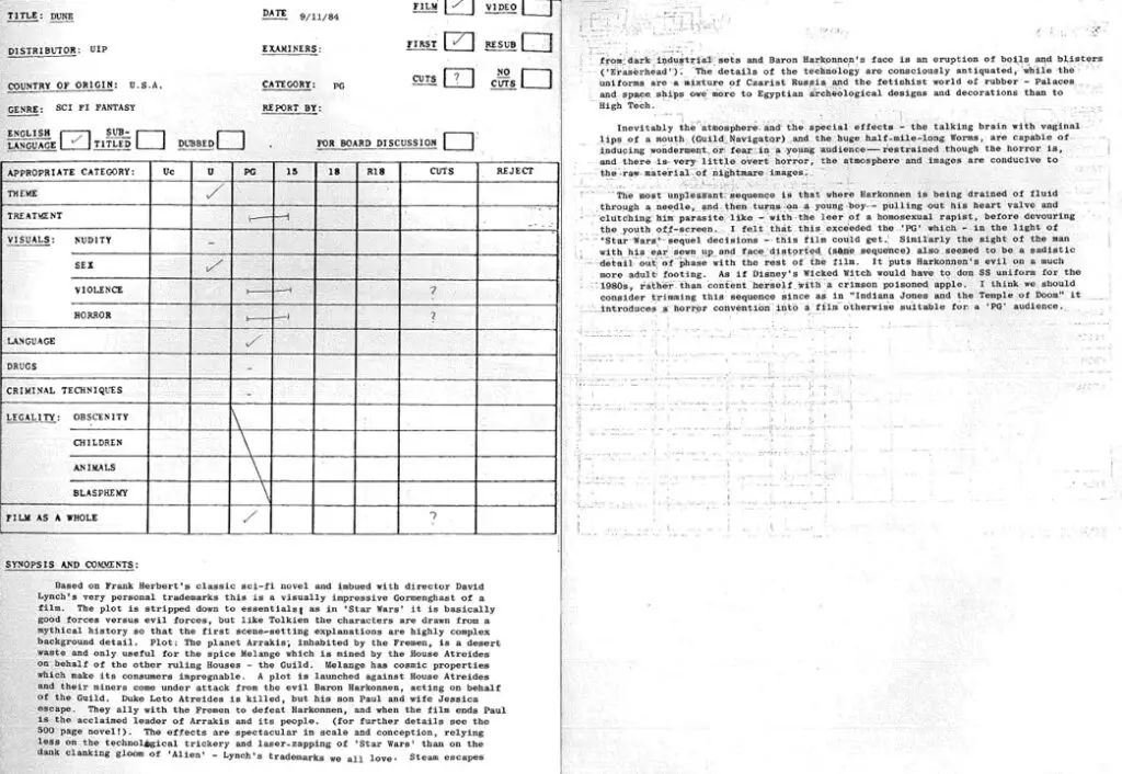 Original BBFC rating notes for David Lynch's 'Dune' movie (1984).