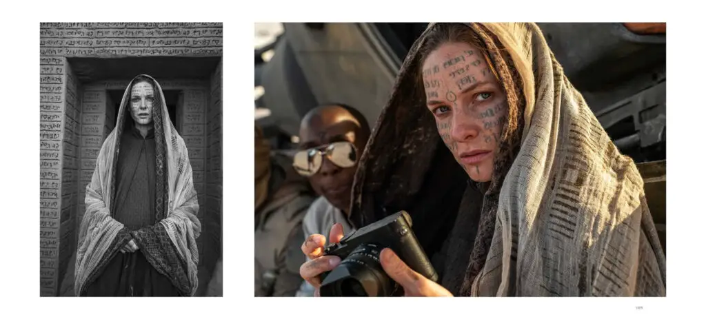 Behind-the-scenes photos of Rebecca Ferguson, performing as Jessica, from Insight Editions' 'Dune Part Two: The Photography'. 