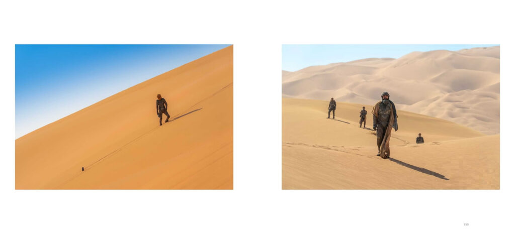 Behind-the-scenes of the sandworm riding scene from 'Dune: Part Two', featuring Timothée Chalamet and Javier Bardem, captured in photographs by Niko Tavernise.
