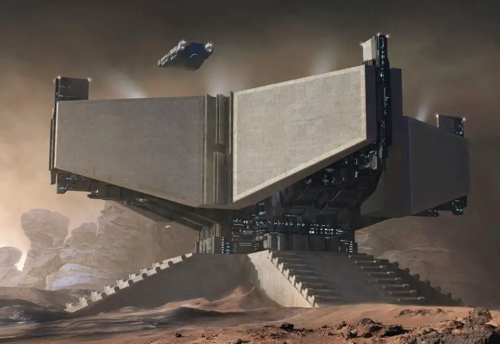 Concept art of brutalist architecture from Funcom's 'Dune: Awakening' video game.