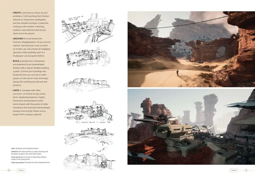 Concepts of Arrakis locations on pages 40-41 of 'The Art and Making of Dune: Awakening', a behind-the-scenes book about the MMO video game.