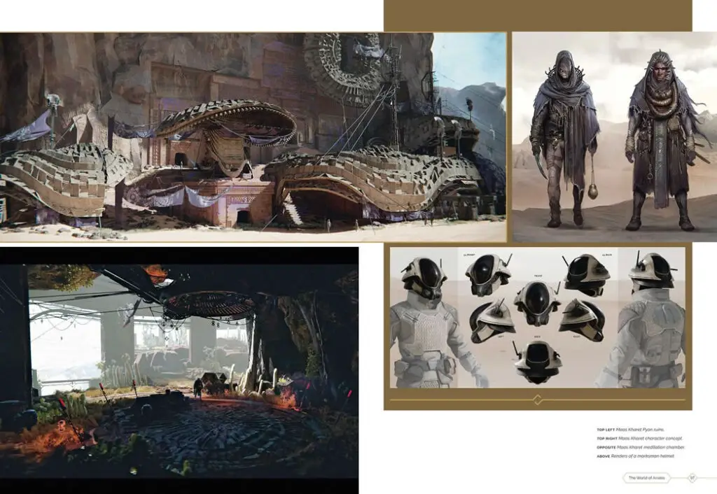 Character and location concept art on pages 96-97 of 'The Art and Making of Dune: Awakening', a behind-the-scenes book about the MMO video game.