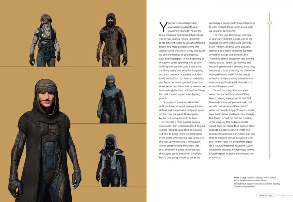 Dune outfits on pages 136-137 of 'The Art and Making of Dune: Awakening', a behind-the-scenes book about the MMO video game.