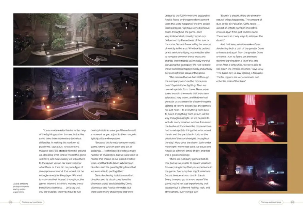 Testing station feature on pages 204-205 of 'The Art and Making of Dune: Awakening', a behind-the-scenes book about the MMO video game.