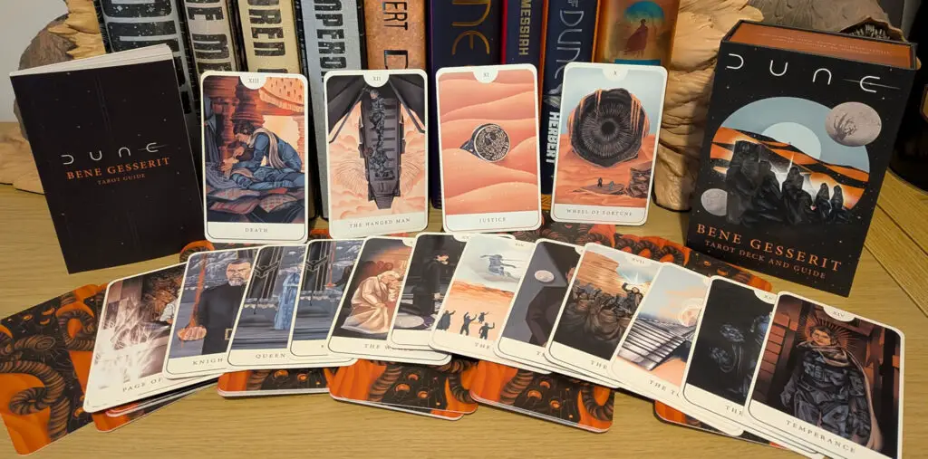 Contents of the 'Dune: Bene Gesserit Tarot Deck' from Insight Editions, including 78 cards and a 128-page guide.